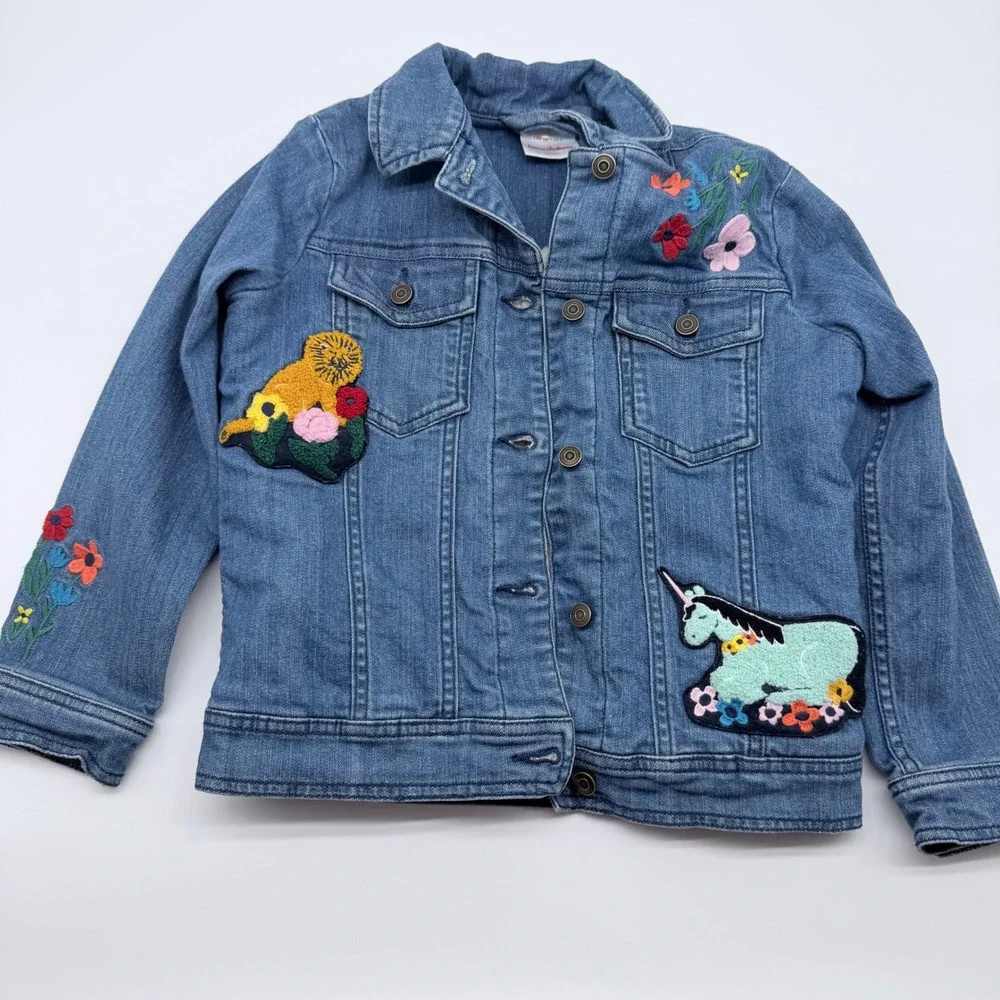 Hanna Andersson Girls Sherpa Lined Denim Jacket Lion Unicorn Embroidered Blue 8